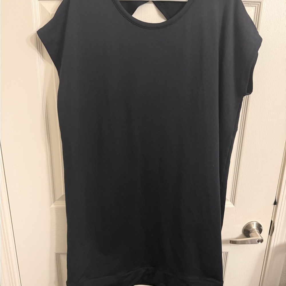 Athleta Knit Black Women's Crewneck Cap-Sleeve Dress Keyhole back